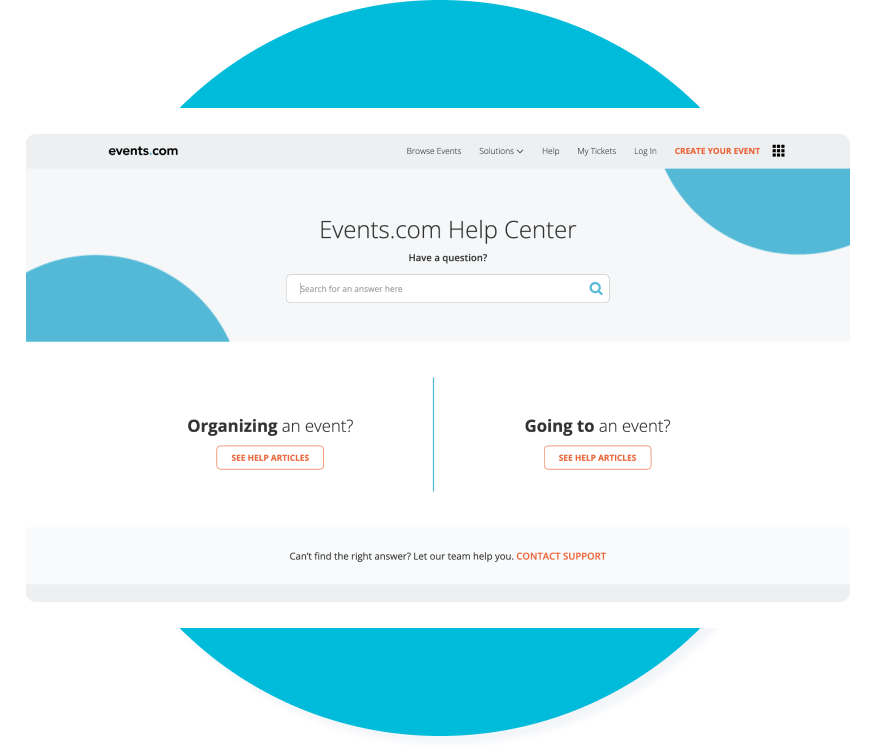 Events.com Help Center web page used for finding step-by-step resources to your questions.