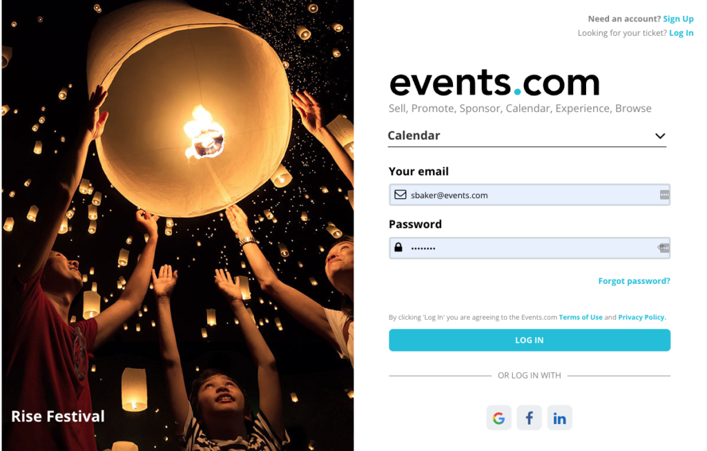 Events.com Calendar log in page