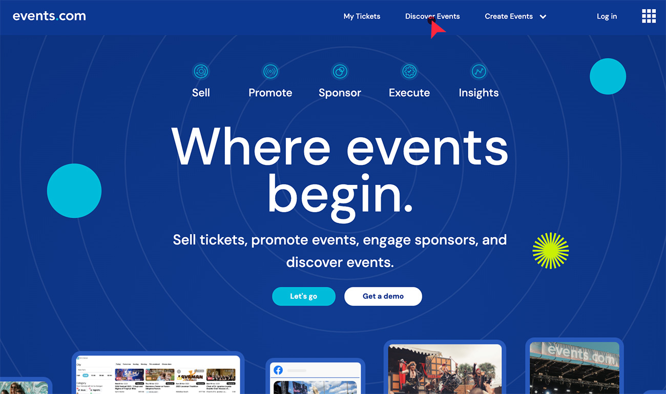 Discover Events link on events.com website