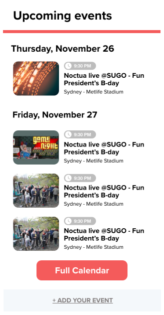 Events.com Calendar widget showing upcoming events