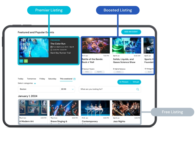 Events.com calendar displaying event listings